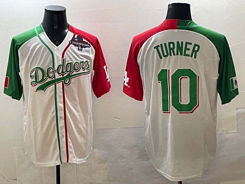 Men Los Angeles Dodgers #10 Turner White Green Game 2025 Nike MLB Jersey style 2